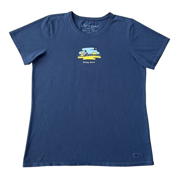 Life Is Good Womens Happy Hour Sunset Dog T Shirt Blue Size Large - Picture 1 of 5